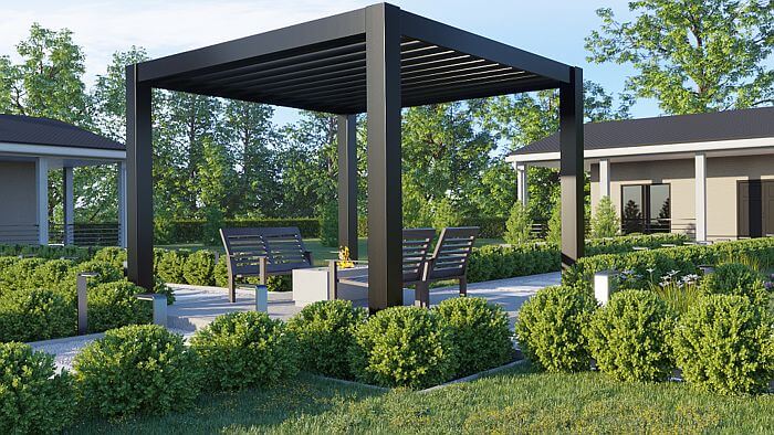 Exterior lawn with pergola