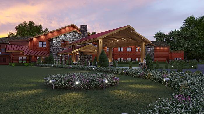 American healthcare facility exterior rendering
