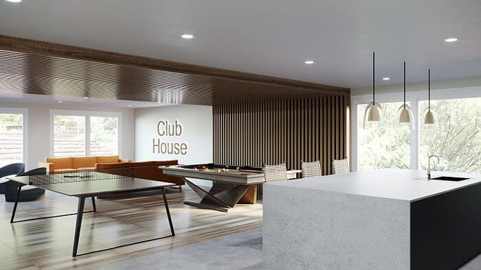 Clubhouse living interior with kitchen island