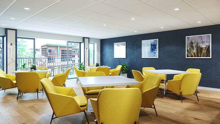 Modern dayroom dining interior in contrasting colors