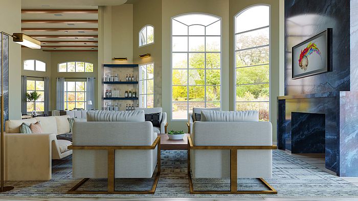 High ceiling living room interior with bar