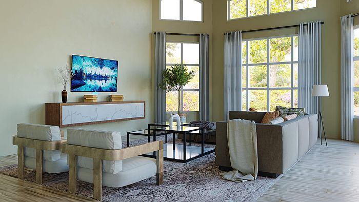 High ceiling living room interior with timber beams