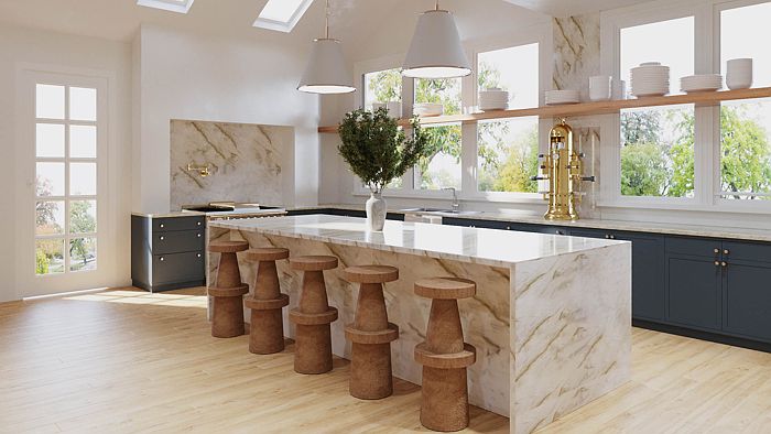 Modern farmhouse kitchen with seating interior 3d rendering