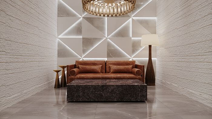 Office seating area interior with leather sofa