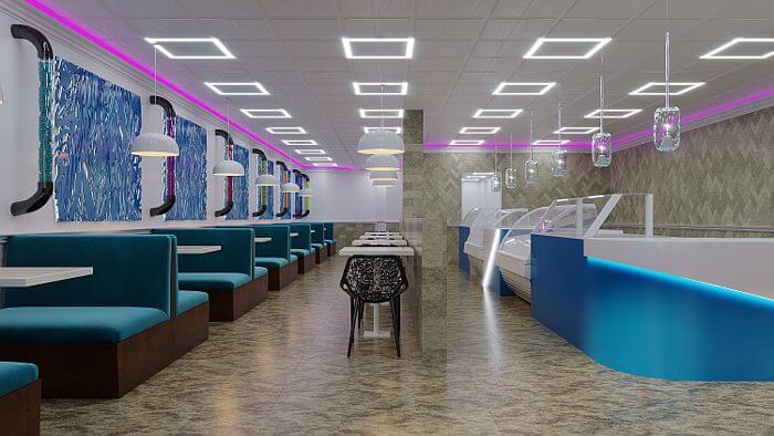 Modern blue pizza cafe interior